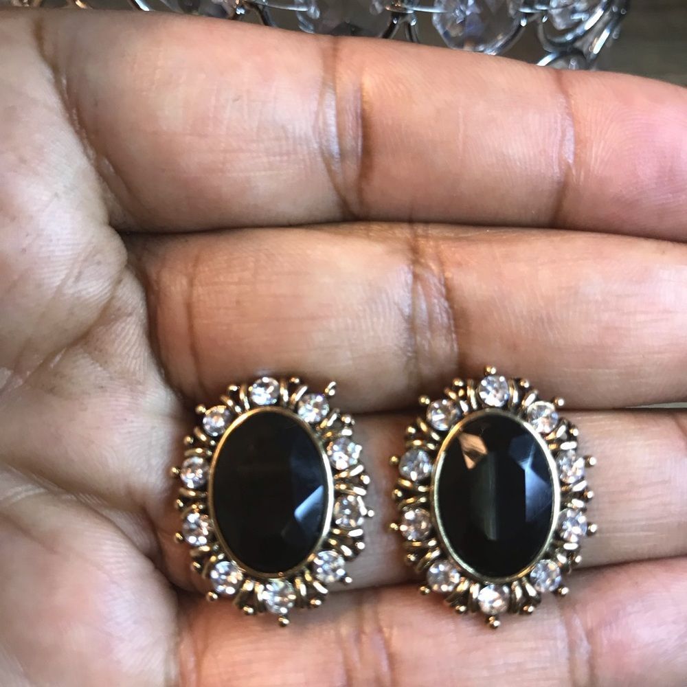 Vintage 1980 Solid Silver Onyx Gold Plated Oval Rhinestone Black Stud Earrings